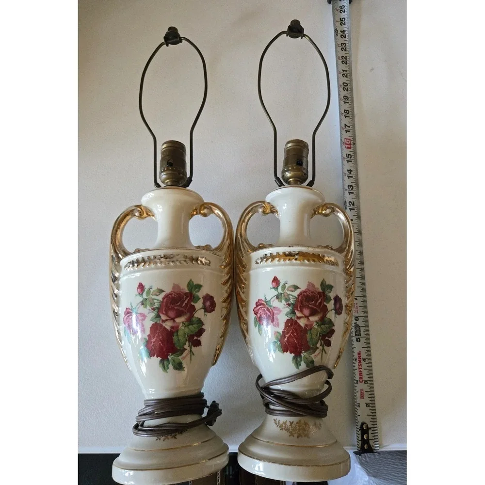 Vintage Pair Floral Porcelain Urn Table Lamps White Gold Roses Hollywood Regency